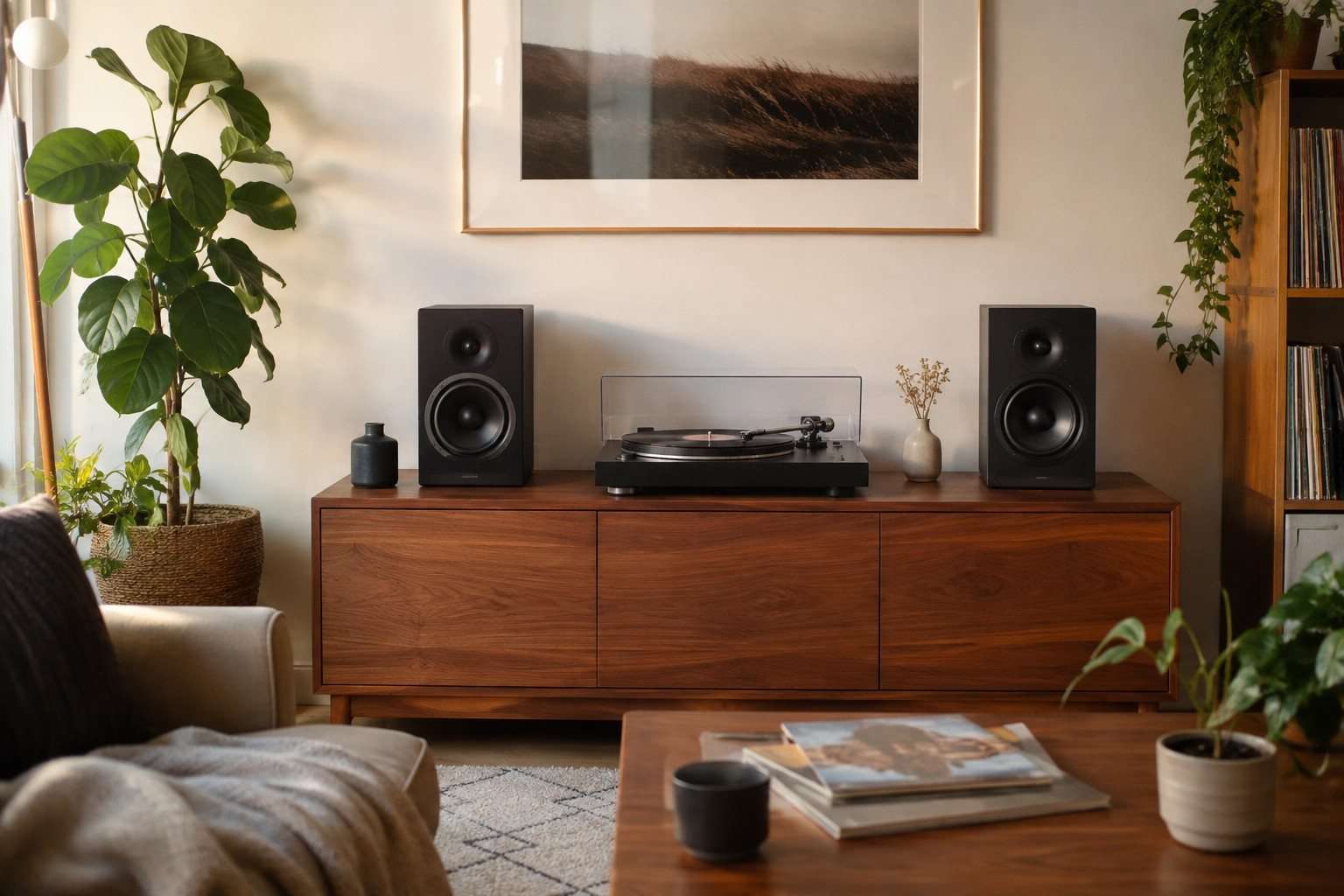 Tocadiscos entre dos altavoces activos en una sala de escucha doméstica