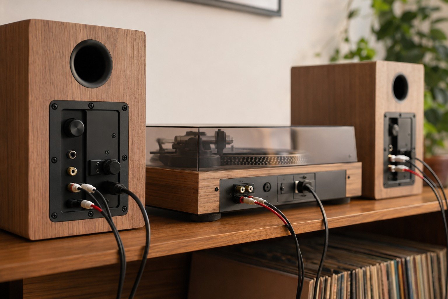 Conexiones traseras de un tocadiscos y dos altavoces activos con cables RCA
