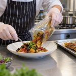Cocinero emplatando verduras preparadas desde una bolsa alimentaria en una cocina profesional