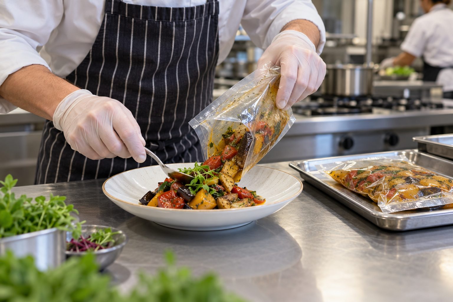Cocinero emplatando verduras preparadas desde una bolsa alimentaria en una cocina profesional