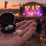 Una mano sostiene tapones reutilizables y su estuche con un escenario de festival desenfocado al fondo.